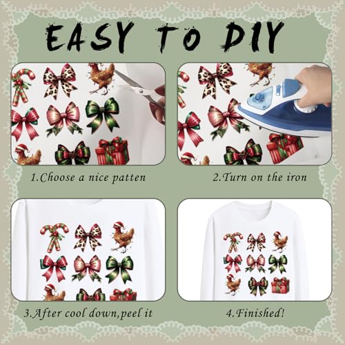 Dazoratix Chicken Christmas Iron on Transfers - 24 Sheets Funny DTF Ready to Press Heat Patches Coquettee Bow Merry Xmas Farm Stickers Vinyl Decals T Shirts Clothing Pillow Bag DIY Crafts Decorations - style: Chicken Christmas