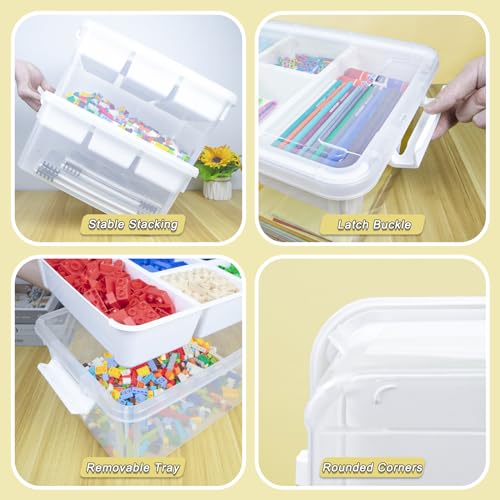 Creahaus 17 Quart Plastic Storage Box with Removable Tray Durable Craft Organizers and Storage Stackable Storage Container for Organizing Bead, Art, Sewing, Playdoh (Clear)