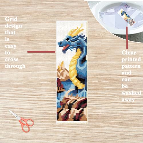 FREEBLOSS 6 Set Cross Stitch Bookmark Kit Stamped Cross Stitch Kit Dark Dragon Embroidery Set with Instruction for Adults 8''*2.4'' - style: Dragon
