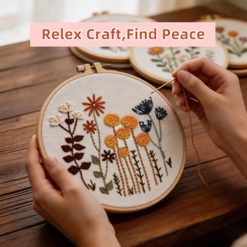 Herdiese Embroidery Kit for Beginners & Adults, 3 Floral Patterns & Hoop - color: Flower-E (3 Pack)