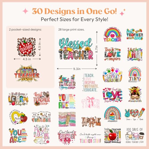 Kaciola 30 Sheets Teacher DTF Transfers Ready to Press, School Iron on Transfers Stickers Iron on Decals for T Shirts Hoodie DIY Crafts - color: Teacher