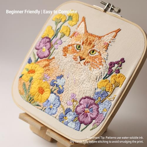 GOLDEN SMILE Maine Coon Embroidery Kit (8" Square Bamboo Hoop & 5"x7" Display Stand) – Pre-Printed Washable Floral Cat Pattern on Beige Fabric, 3 Needles, Ample Thread & Video Tutorials for Beginners