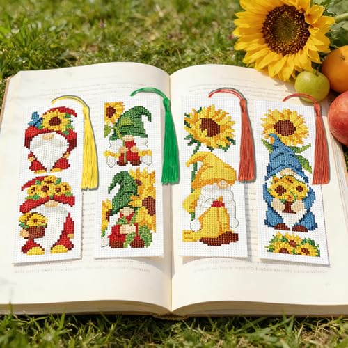 ACRNIGHEET 6PCS Cross Stitch Bookmark Kit for Beginner Gnome Stamped Cross Stitch Kits Needlepoint Kit for Adults DIY Tassel Embroidery Bookmark Kits with Instructions Craft Gift 8.5"x3" 11CT - style: Sunflowr Gnome with Tassel