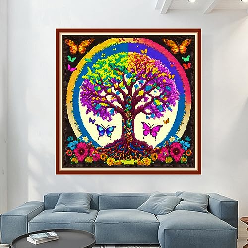 Dimensean Stamped Cross Stitch Kits Full Range of Embroidery Patterns Starter Kits for Beginners Adult DIY Cross Stitches Needlepoint Kits 11CT-Butterfly Life Tree 17.7x17.7 inch - color: Pattern Style 18