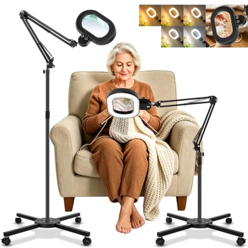 Floor Magnifying Glass with Light, 4 Wheel Stable Stand Base 12X - color: Black