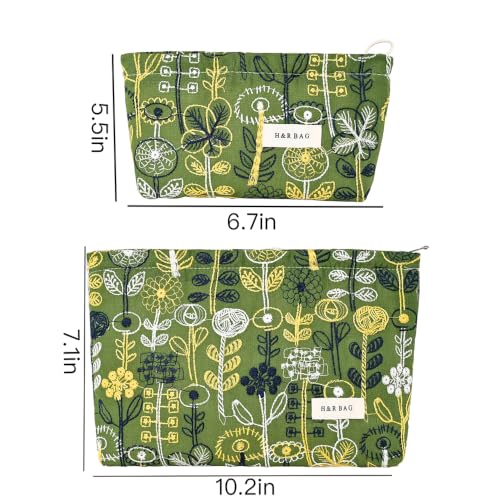 Embroidered Floral Makeup Pouch Green Linen Cosmetic Bag Zipper Purse - color: Green Streamlined Wildflower