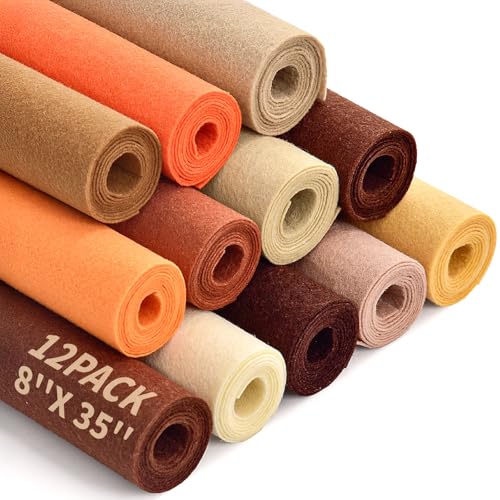 12 Rolls 8"x35" Large Stiff Felt Sheets, 1mm Felt Fabric Sheet for Crafts - color: Brown Series