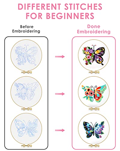 TINDTOP 3 Sets Embroidery Stitch Practice kit, Butterfly Flower Embroidery Kit for Beginners Include Cloth Hoops Threads for Craft Lover Hand Stitch with Embroidery Skill Techniques - color: Butterfly (with 1 Hoop)