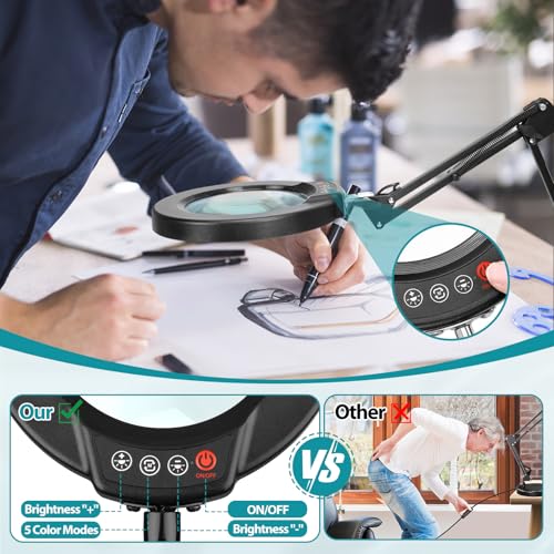 12X Magnifying Glass with Light and Stand, 2-in-1 Desk Lamp & Clamp Light, 5 Color Modes, Brightness Stepless Dimmable LED Lighted Magnifier Hands Free, Magnifier Lamp for Close Work, Reading - color: Black, size: 12X 17.8inch Base & Clamp
