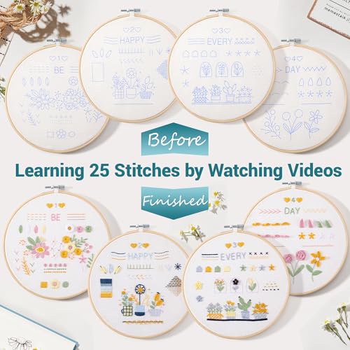 VIVIDOX 4 Sets Embroidery Kit for Beginners Adults, 25 Stitches Practice Kits Cross Stitch for Starter, DIY Hand Craft with Stamped Pattern, Bamboo Hoop, Threads, Scissors, Tools, Instruction - color: 25 Stitches Practice Kit (with 1 Hoop)