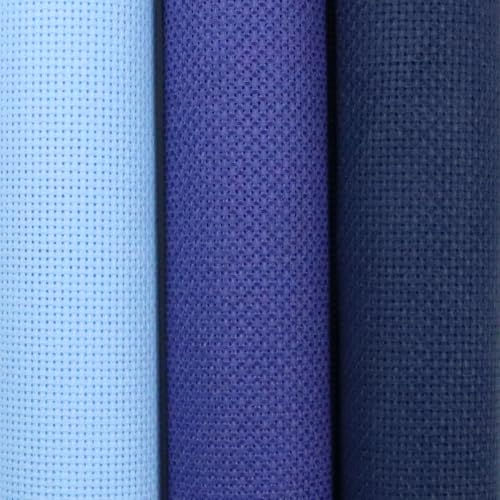 KCS 3 pc of 15" x 18"(38cmx45cm) 18 Count Cross Stitch Cotton Aida Cloth Needlework Rolled Fabric Box,18CT,Light Blue+Royal Blue+Navy Blue - color: Light Blue+royal Blue+navy Blue, size: 18CT