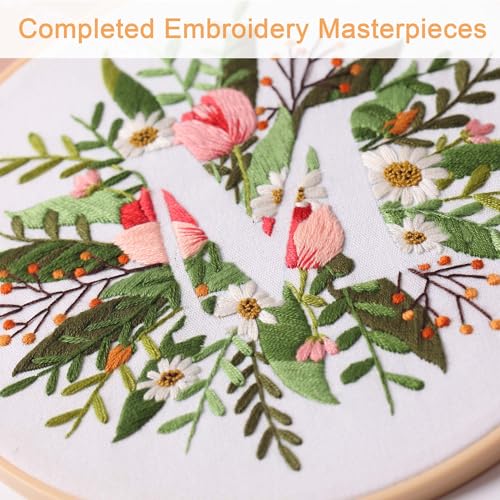 Harimau Letter M Pattern Embroidery Kit for Adult Beginners, Complete Starter Pack with 1 Hoop, Needles, Instruction Guide & Embroidery Stitch Video Tutorials - color: M