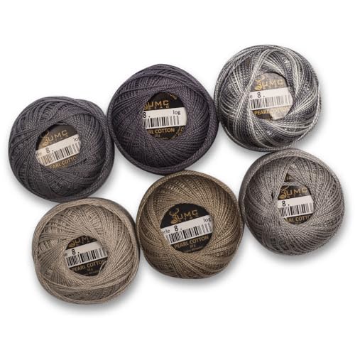 6 Balls Premium Pearl Cotton Embroidery Thread Size 8 | 100% Egyptian Cotton Crochet Yarn | Cross Stitch Embroidery Yarn | Oeko TEX Certified | 10 Grams per Ball (Grey Tones) - color: Grey Tones