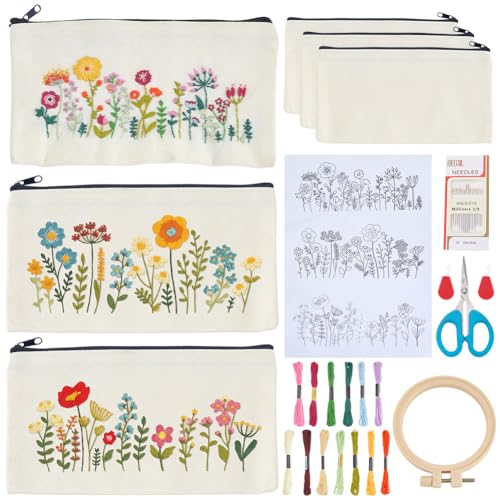 WEBEEDY 3 Sets Embroidery Pouch Making Kit DIY Floral Pouch Cosmetic Bag Embroidery Kit Include Stamped Flower Pattern, Hoop, Threads, Needles for Beginners Christmas Mother's Day Stitchwork Gift