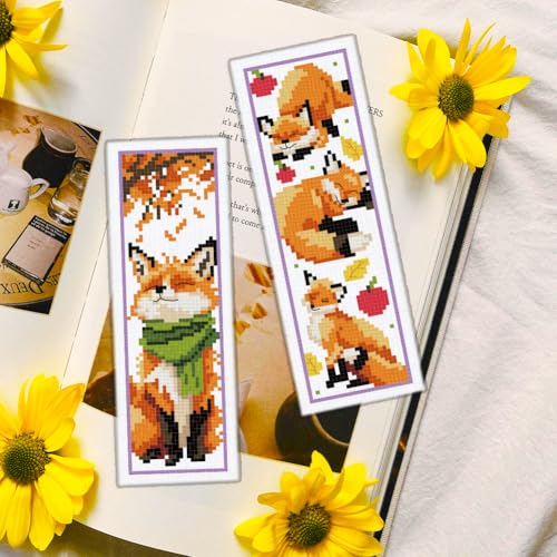 INFUNLY 6pcs Fox Cross Stitch Bookmark Kit for Beginners DIY Leaf Flower Stamped Embroidery Bookmark Kits Pumpkins Needlepoint Kit with Instruction Animal Easy Cross Stitch Set for Book Lovers Readers - style: Fox