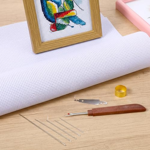 Needlepoint Canvas (18" x 12"), Blank White Embroidery Mesh Fabric Cloth with 25 Needles, 2 Threaders, Seam Ripper - Starter Kit for Cross Stitch, Knit & Crochet Projects and Make Dividers, 14 Mesh