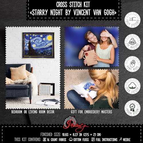 Povitrulya Counted Cross Stitch Kit for Adults 'Starry Night' by Vincent Van Gogh - Impressionist Art - Embroidery Set with Pattern, Famous Painting Design