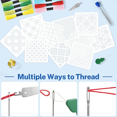 Sashiko Kit, Includes Sashiko Thread, 100% Cotton Fabric, Needle, Thimble, Threader, and Sashiko Pattern Template. Ideal for Sewing Beginners, Mending, and Hand Quilting.