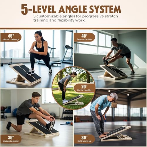 Wooden Slant Board for Calf Stretching, Adjustable Calf Stretcher Incline Wedge for Squats, Foot Ankle Heel Leg Stretch, Physical Therapy Balance Board, Portable with Carry Bag & Loop Band