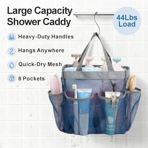 Mesh Shower Caddy Portable - 8 Pockets, S-Hook, Shower Bag for Dorm Camping - color: 1 Pack Blue, size: L (Classic Dorm Caddy)