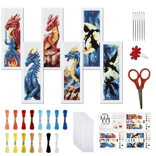 FREEBLOSS 6 Set Cross Stitch Bookmark Kit Stamped Cross Stitch Kit Dark Dragon Embroidery Set with Instruction for Adults 8''*2.4'' - style: Dragon