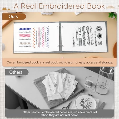 Homoyoyo Embroidery Stitch Book Kit for Adult Beginners, Learn 38 Stitches with 13 Large Loose Leaf Fabric Practice Pages, 2 Hoops, 24 Color Threads, Needles, Scissors and Instruction Manual