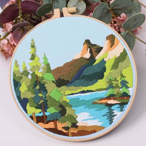 Harimau Adult Beginner Embroidery Starter Kit Natural Landscape Patterns, Complete Set with 4 Patterns, 2 Hoops, Needles, Scissors, Instruction Guide & Stitching Video Tutorials - color: Blue Mountain