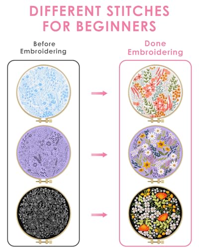 TINDTOP Embroidery Kit for Adult, 3 Pack Embroidery DIY Starter Kit, with Stamped Patterns, Hoop, Tools, Colorful Threads with Needles, Instructions (Bouquet) - color: Bouquet