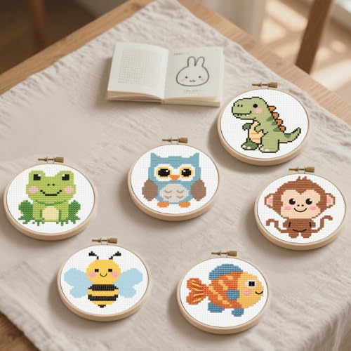57lilina Cross Stitch Kits for Kids, 6 Set Easy Beginner Embroidery Pattern - color: Frog+Bee+Owl+Dinosaur+Monkey+Fish