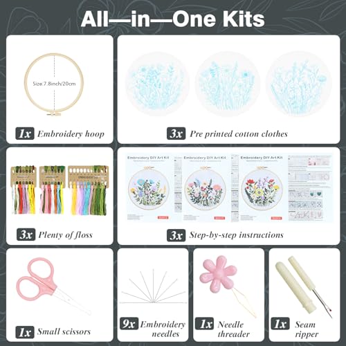 3 Pack Embroidery Kits for Beginners, Flower Pattern Kit for Adults Starter - color: Flower