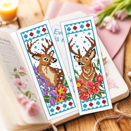 ORIGACH 6 Set Deer & Flower Cross Stitch Bookmark Kit for Beginner - style: Deer & Flower