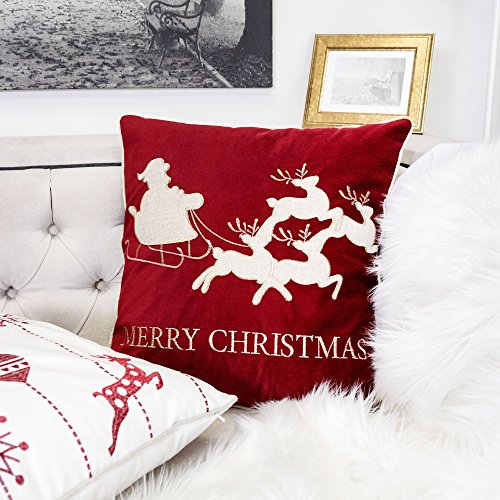 Embroidery Red Velvet Throw Pillow Cover, Merry Christmas Series Santa Claus Sledge Luxury Soft Fuzzy Cozy Warm Slik Gift Square Couch Cushion Pillow Case 20 x 20 Inch, Cover Only - color: U7-santa Sledge
