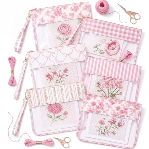 Sabary 6 Pack Pink Floral Needlepoint Project Bag Bow Pouch 7.9" x 13" - color: Pink, size: 7.9" X 13", style: Floral