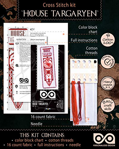 DIY Handmade Gift - Embroidery Bookmark with GoT Dragonstone Design Pattern - color: House Targaryen