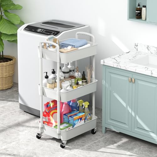 Sywhitta 3-Tier Plastic Rolling Utility Cart with Handle, Multi-Functional Storage Trolley for Office, Living Room, Kitchen, Movable Storage Organizer with Wheels, White (Pack of 2) - color: White, size: 3-tier (Pack of 2)