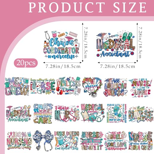 Dazoratix Nurse Week Iron on Transfers - 20 Sheets Colorful DTF Ready to Press Bulk Heat Patches Medical Stickers Vinyl Decals for T Shirts Clothing Bag Hat Pillow DIY Crafts Appliques Decorations - style: Nurse Week