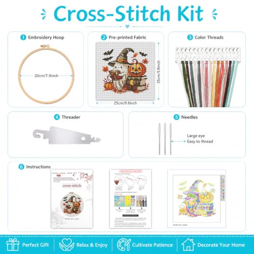 Stamped Cross Stitch Kits for Beginners Adults-Ghost,with Embroidery Hoop - color: Ghost-2605