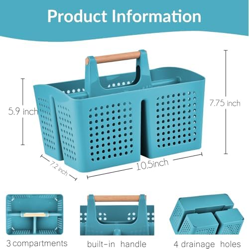 Portable Shower Caddy Basket with 3 Compartments and Handle, Teal - color: Teal