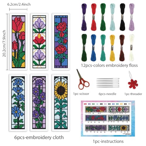 INFUNLY 6 Set Rose Window Cross Stitch Bookmark Kits for Beginners DIY Red Rose Embroidery Bookmark Kits with Instructions Flower Window Pre-Printed Bookmark Kit for Book Lovers Readers Women Gifts - style: Rose Window