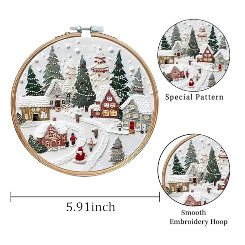 EOBTAIN 3 Pcs Christmas Embroidery Kit for Beginners,Winter Christmas Village Embroidery Starter Kit Green Xmas Tree Fireplace Stamped Patterns with Hoop,Thread,Needles,Hand DIY Craft Kits for Adults - color: White