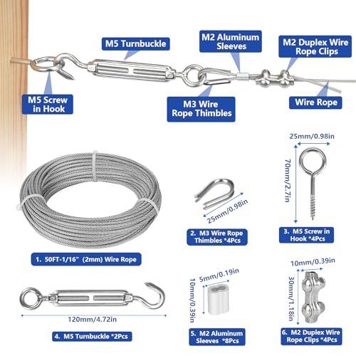 TooTaci 1/16 Wire Rope Kit, 50ft Vinyl Coated 304 Stainless Steel Cable - style: 50ft 1/16" Wire Rope with Clamps