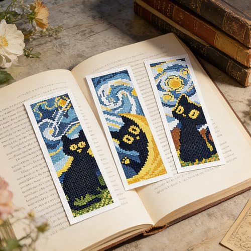 ORIGACH 6 Set Black Cat & Starry Night Cross Stitch Bookmark Kit - style: Black Cat & Starry Night