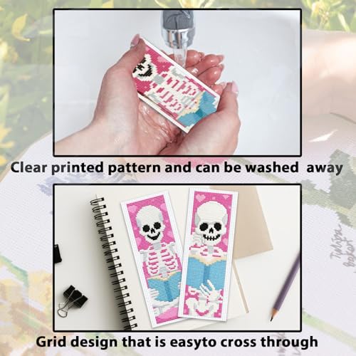 ACRNIGHEET 6PCS Stamped Cross Stitch Bookmark Kit Beginners Halloween Skull - style: Skull and book patterns
