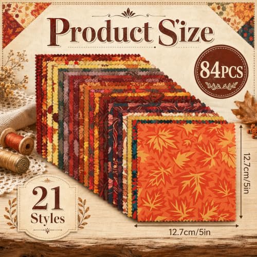 5 Inch Fall Cotton Fabric Squares, 84 Pack 21 Styles Autumn Charm Pack - color: Burnt Orangeow, size: 5″