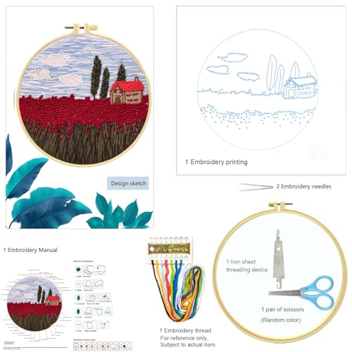 Zhenqing Red Flower Field Embroidery Kit for Beginners, Country Landscape Needlework Kit with Pre-Printed Fabric, Hoop, Threads & Tools, Cottage Wall Decor (S-CX0207) - color: Red Flower Field