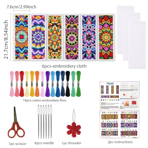 ORIGACH 6 Set Boho Mandala Cross Stitch Bookmark Kit for Beginner - style: Mandala