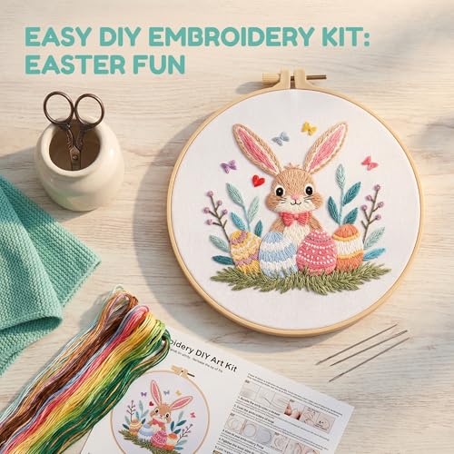 WaFtesh Embroidery Kits for Beginners Adult, DIY Hand Embroidery Cross Stitch Starter Set with Pattern, 3D Rabbit Needlepoint & Cross Stitch 7.9 Inch Hoop Threads, Needles, Instruction - color: Bunny-2