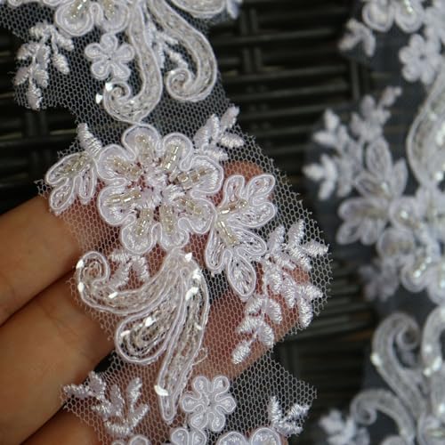 6cm*2yards Pure White Luxury Beaded Embroidery Flower lace Appliques for Wedding Dresses Rhinestone Applique Patches Embroidery lace parches ropa (Pure White Color)… - color: pure white color