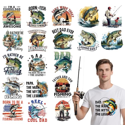 Dtf Transfers Ready to Press - 20Pcs Gone Fishing Dad Iron on Transfer for Tshirts, Father's Day Iron on Decals Patches, Fish Lovers Heat Transfer for DIY Clothes Bags Hats Dad Gifts - color: Dad Fishing480