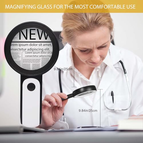 JMH Magnifying Glass with Light, Handheld Large Magnifying Glass 18LED Cold and Warm Light with 3 Modes, Illuminated Lighted Magnifier for Seniors Reading, Coins, Jewelry - color: Black